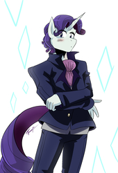 Size: 1154x1697 | Tagged: safe, artist:traupa, rarity, anthro, g4, blushing, clothes, elusive, looking at you, male, pants, rule 63, simple background, solo, suit, white background