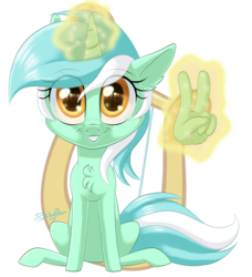 Size: 800x879 | Tagged: safe, artist:unisoleil, lyra heartstrings, pony, g4, chest fluff, chibi, female, hand, looking at you, magic, magic hands, mare, peace sign, signature, simple background, smiling, solo, transparent background
