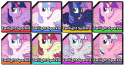 Size: 1570x841 | Tagged: safe, artist:lightning stripe, derpibooru exclusive, moondancer, princess cadance, princess celestia, princess flurry heart, princess luna, twilight, twilight sparkle, twilight velvet, alicorn, pony, fighting is magic, g1, g4, alicornified, alternate clothes, ember's worst nightmare, female, flying, g1 to g4, g1 twilicorn, generation leap, grin, horn, mare, moondancercorn, palette swap, pink background, race swap, recolor, show accurate, simple background, smiling, spread wings, super smash bros., super smash bros. ultimate, text, twilight sparkle (alicorn), velveticorn, wings