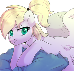 Size: 2595x2500 | Tagged: safe, artist:tigra0118, oc, oc:luftkrieg, pegasus, pony, aryan, aryan pony, blonde, female, high res, looking at you, nazipone, pillow, simple background, smiling, solo, white background