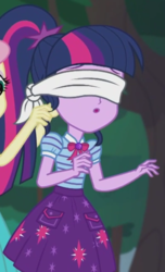 Size: 682x1125 | Tagged: safe, screencap, fluttershy, sci-twi, twilight sparkle, equestria girls, g4, my little pony equestria girls: better together, stressed in show, stressed in show: fluttershy, blindfold, cropped, cute, female, forest