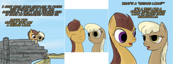 Size: 2147x800 | Tagged: safe, artist:aaronmk, mjölna, oc, oc:marigold, earth pony, pony, ask pun, g4, ask, bridge, female, mare, pun