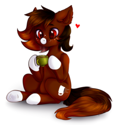 Size: 986x1050 | Tagged: safe, artist:misssoap, oc, oc only, oc:java, earth pony, pony, coat markings, coffee, cute, ear fluff, female, freckles, mare, sitting, socks (coat markings), solo