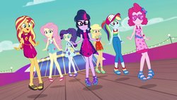 Size: 1920x1080 | Tagged: safe, screencap, applejack, fluttershy, pinkie pie, rainbow dash, rarity, sci-twi, sunset shimmer, twilight sparkle, equestria girls, g4, i'm on a yacht, my little pony equestria girls: better together, alternate hairstyle, clothes, dress, female, geode of empathy, geode of fauna, geode of shielding, geode of sugar bombs, glasses, humane five, humane seven, humane six, legs, magical geodes, ponytail, sandals, shorts, skirt, sleeveless, tank top