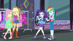 Size: 1920x1080 | Tagged: safe, screencap, applejack, fluttershy, rainbow dash, rarity, equestria girls, g4, my little pony equestria girls: better together, street chic, applejack's hat, bare shoulders, clothes, cold, converse, cowboy hat, dress, female, freezing, geode of fauna, geode of super speed, geode of super strength, hat, magical geodes, out of context, rarity peplum dress, shivering, shoes, sleeveless, sneakers, stetson, strapless, tank top