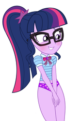 Size: 727x1100 | Tagged: safe, artist:daarkenn, artist:rarespirit611, edit, sci-twi, twilight sparkle, equestria girls, g4, belly button, blushing, clothes, covering, embarrassed, embarrassed grin, embarrassed underwear exposure, female, frilly underwear, glasses, heart, heart print underwear, panties, purple underwear, silly panties, simple background, smiling, solo, underwear, underwear edit, white background