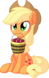 Size: 4917x7795 | Tagged: safe, artist:cyanlightning, applejack, earth pony, pony, g4, .svg available, absurd resolution, apple, bucket, cute, ear fluff, female, food, hat, jackabetes, mare, mouth hold, simple background, sitting, smiling, solo, transparent background, vector