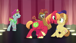 Size: 1280x720 | Tagged: safe, screencap, big macintosh, feather bangs, glamor trot, smooth vibes, stereo mix, earth pony, pony, g4, hard to say anything, afro, angry, backup dancers, backwards ballcap, baseball cap, battle for sugar belle, cap, clothes, confrontation, cutie mark, dancing, death stare, hat, hooves, interrupted, lighting, lightning, male, rivalry, shirt, song, stage, stallion, stare down