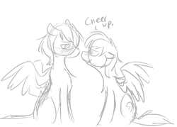 Size: 938x672 | Tagged: safe, artist:goatsocks, oc, oc only, pegasus, pony, blushing, chest fluff, dialogue, duo, looking at each other, looking at someone, monochrome, partially open wings, simple background, sitting, white background, wings