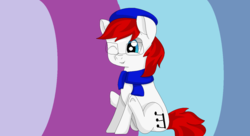 Size: 1420x773 | Tagged: safe, artist:sajimex, oc, oc only, oc:apex soundwave, earth pony, pony, clothes, hat, male, ms paint, scarf, simple background, solo, stallion