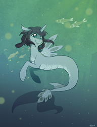 Size: 770x1004 | Tagged: safe, artist:goatsocks, oc, oc only, fish, monster pony, sea pony, seapony (g4), bubble, fin wings, fish tail, horn, ocean, solo, tail, underwater, water, wings