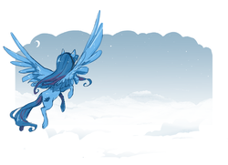Size: 902x654 | Tagged: safe, artist:goatsocks, oc, oc only, oc:annie, pegasus, pony, cloud, crescent moon, flying, moon, sky, solo, stars, wings