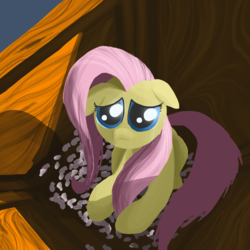 Size: 1500x1500 | Tagged: safe, artist:science mango, fluttershy, pegasus, pony, fanfic:suddenly fluttershy, g4, about to cry, adoption, box, bronybait, crate, cute, fanfic art, female, floppy ears, flutterbox, frown, implied anon, implied human, literal shipping, lonely, packing peanuts, pony in a box, sad, sadorable, shyabetes, solo, wood