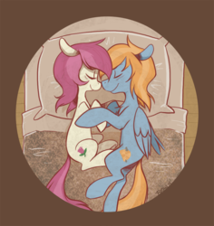 Size: 860x911 | Tagged: safe, artist:goatsocks, roseluck, oc, oc:eventide, pony, g4, bed, boop, noseboop, shipping