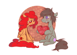 Size: 1189x852 | Tagged: safe, artist:goatsocks, oc, earth pony, pegasus, pony, abstract background, blushing, duo, heart, hoof hold, looking at each other, looking at someone, sitting, smiling