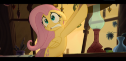 Size: 1920x937 | Tagged: safe, screencap, fluttershy, pegasus, pony, g4, my little pony: the movie, bags under eyes, bipedal, female, floppy ears, lamp, lampshade, mare, scared, solo, teeth