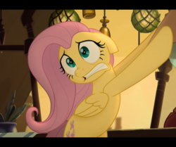Size: 1123x937 | Tagged: safe, screencap, fluttershy, pegasus, pony, g4, my little pony: the movie, bipedal, cropped, female, floppy ears, mare, scared, solo, teeth