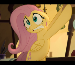 Size: 1084x938 | Tagged: safe, screencap, fluttershy, pegasus, pony, g4, my little pony: the movie, bipedal, cropped, female, floppy ears, mare, scared, solo, teeth