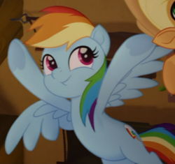 Size: 436x410 | Tagged: safe, screencap, rainbow dash, pegasus, pony, g4, my little pony: the movie, cropped, cute, dashabetes, female, mare, solo focus, spread wings, style, underhoof, wings