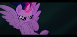 Size: 1920x936 | Tagged: safe, screencap, twilight sparkle, alicorn, pony, g4, my little pony: the movie, confident, female, glowing horn, horn, mare, smiling, solo, spread wings, twilight sparkle (alicorn), wings