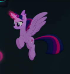 Size: 421x444 | Tagged: safe, screencap, twilight sparkle, alicorn, pony, g4, my little pony: the movie, cropped, female, flying, glowing horn, horn, solo, spread wings, twilight sparkle (alicorn), wings
