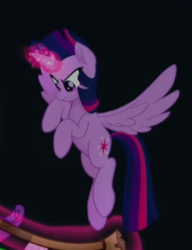 Size: 424x552 | Tagged: safe, screencap, twilight sparkle, alicorn, pony, g4, my little pony: the movie, cropped, female, flying, glowing horn, horn, levitation, magic, rope, solo, spread wings, telekinesis, twilight sparkle (alicorn), wings