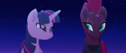 Size: 960x402 | Tagged: safe, screencap, fizzlepop berrytwist, tempest shadow, twilight sparkle, alicorn, pony, g4, my little pony: the movie, beautiful, cute, duo, faic, happy ending, lidded eyes, night, out of context, shipping fuel, smiling, smirk, twiface, twilight sparkle (alicorn)