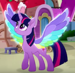 Size: 617x604 | Tagged: safe, screencap, twilight sparkle, alicorn, pony, g4, my little pony: rainbow roadtrip, colored wings, female, mare, movie accurate, multicolored wings, rainbow wings, solo, spread wings, twilight sparkle (alicorn), wing bling, wings