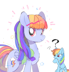 Size: 1235x1280 | Tagged: safe, artist:poneko-chan, rainbow dash, pegasus, pony, g4, alternate hairstyle, confused, female, plushie, question mark, self ponidox, simple background, solo, white background