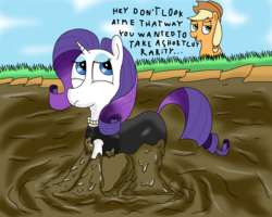 Size: 2000x1600 | Tagged: safe, artist:amateur-draw, applejack, rarity, earth pony, pony, unicorn, g4, black dress, clothes, dress, female, freckles, jewelry, lesbian, messy, ms paint, mud, muddy, necklace, pearl necklace, ship:rarijack, shipping, text, unamused, wet and messy