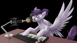 Size: 3840x2160 | Tagged: safe, artist:chibadeer, oc, oc only, oc:vylet, pegasus, pony, black background, desk, female, glasses, high res, hooves, keyboard, mare, microphone, microphone stand, musical instrument, playing instrument, pose, recording studio, simple background, singing, sitting, solo, spread wings, wings