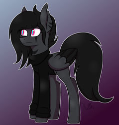 Size: 1024x1069 | Tagged: safe, artist:palerose522, oc, oc only, oc:dark blaze, pegasus, pony, vampire, clothes, female, gradient background, mare, markings, solo, sweater