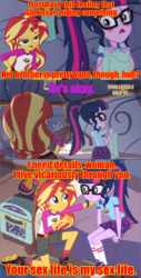 Size: 640x1256 | Tagged: safe, edit, edited screencap, screencap, sci-twi, sunset shimmer, twilight sparkle, equestria girls, g4, my little pony equestria girls: legend of everfree, comic, implied shipping, implied straight, implied timbertwi, screencap comic, sword art online abridged, text