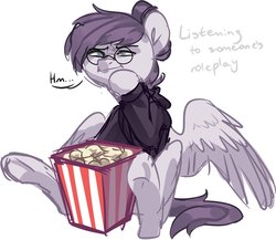 Size: 1790x1555 | Tagged: safe, artist:chibadeer, oc, oc only, oc:vylet, pegasus, pony, female, food, glasses, mare, popcorn, scrunchy face, simple background, sketch, solo, spread wings, white background, wings