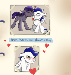 Size: 1700x1800 | Tagged: safe, artist:rutkotka, oc, oc only, bat pony, pegasus, pony, angry, cheek kiss, colt, commission, couple, cute, female, filly, funny, heart, hearts and hooves day, holiday, kissing, male, mare, stallion, tongue out, tsundere, valentine's day, ych result
