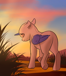 Size: 1000x1140 | Tagged: safe, artist:rutkotka, pony, alone, auction, back, commission, female, mare, sad, scenery, sky, sunset, tall grass, walking, your character here