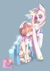 Size: 1866x2640 | Tagged: safe, artist:chibadeer, oc, oc only, original species, pony, unicorn, blanket, blue background, comforting, crying, eyeshadow, looking at each other, makeup, simple background, sitting, size difference