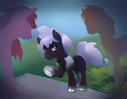 Size: 2100x1650 | Tagged: safe, artist:viwrastupr, oc, oc only, oc:dark matter, pony, background pony, heavy, hoofprints, male, metallic, ponified, short, solo, stallion, underhoof