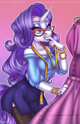 Size: 990x1530 | Tagged: safe, artist:bumblebun, rarity, unicorn, anthro, g4, clothes, dress, female, glasses, mare, measuring tape, miniskirt, side slit, skirt, solo, stockings, thigh highs