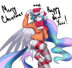 Size: 1920x1800 | Tagged: safe, artist:chibadeer, princess celestia, anthro, unguligrade anthro, g4, christmas, clothes, female, hat, holiday, mistletoe, pose, santa hat, scarf, simple background, socks, solo, spread wings, stockings, striped socks, sweater, thigh highs, white background, wings