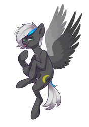 Size: 1356x1938 | Tagged: safe, artist:chibadeer, oc, oc only, oc:midnight note, pegasus, pony, female, flying, looking at you, mare, signature, simple background, solo, spread wings, tongue out, white background, wings