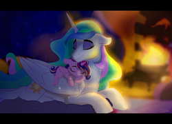 Size: 1610x1160 | Tagged: safe, artist:rutkotka, princess cadance, princess celestia, alicorn, pony, g4, :t, baby, baby alicorn, baby cadance, baby pony, cheek squish, cuddling, cute, cutedance, cutelestia, daaaaaaaaaaaw, ear fluff, eyes closed, eyeshadow, female, filly, filly cadance, fireplace, floppy ears, folded wings, makeup, mare, missing accessory, momlestia, night, nuzzling, on top, pony pile, prone, sleeping, smiling, sparkles, squishy cheeks, wing fluff, wings, younger