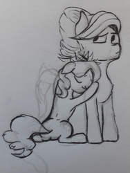 Size: 4128x3096 | Tagged: safe, artist:shehaveboththings, diamond tiara, spoiled rich, earth pony, pony, g4, daughter, female, hug, monochrome, mother and daughter