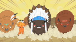 Size: 2880x1612 | Tagged: safe, screencap, chief thunderhooves, little strongheart, bison, buffalo, pony, g4, over a barrel, season 1, charge, dust cloud, female, male, narrowed eyes, stampede, unnamed buffalo, unnamed character, war paint