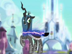 Size: 1024x768 | Tagged: safe, edit, edited screencap, screencap, king sombra, queen chrysalis, changeling, changeling queen, g4, season 9, the beginning of the end, crystal empire, disguise, fake, fake spoiler, female, morph, plot twist, shapeshifting, solo, theory