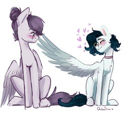 Size: 2454x2238 | Tagged: safe, artist:chibadeer, oc, oc only, oc:cadie, oc:namii, oc:vylet, pegasus, pony, blushing, boop, couple, duo, female, glasses, heart, high res, lesbian, looking at each other, love, mare, neckband, oc x oc, shipping, simple background, sitting, size difference, white background, wing boop