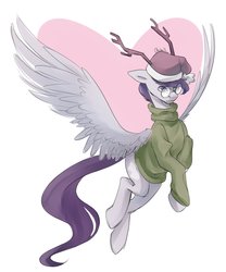 Size: 2500x3000 | Tagged: safe, artist:chibadeer, oc, oc only, oc:vylet, pegasus, pony, antlers, christmas, clothes, female, flying, glasses, hat, heart, high res, holiday, mare, pose, reindeer antlers, santa hat, simple background, solo, spread wings, sweater, wings