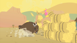 Size: 2880x1614 | Tagged: safe, screencap, cherry berry, bison, buffalo, earth pony, pony, g4, over a barrel, background pony, charge, eyes closed, female, hay bale, male, mare, unnamed buffalo, unnamed character, war paint