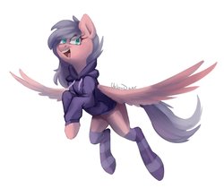 Size: 2744x2310 | Tagged: safe, artist:chibadeer, oc, oc only, oc:gearsy septima, pony, clothes, flying, happy, high res, hoodie, pose, simple background, socks, solo, white background