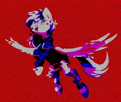 Size: 2744x2310 | Tagged: safe, artist:chibadeer, oc, oc only, oc:gearsy septima, pegasus, pony, clothes, error, flying, glitch, glitch art, high res, hoodie, red background, socks, solo